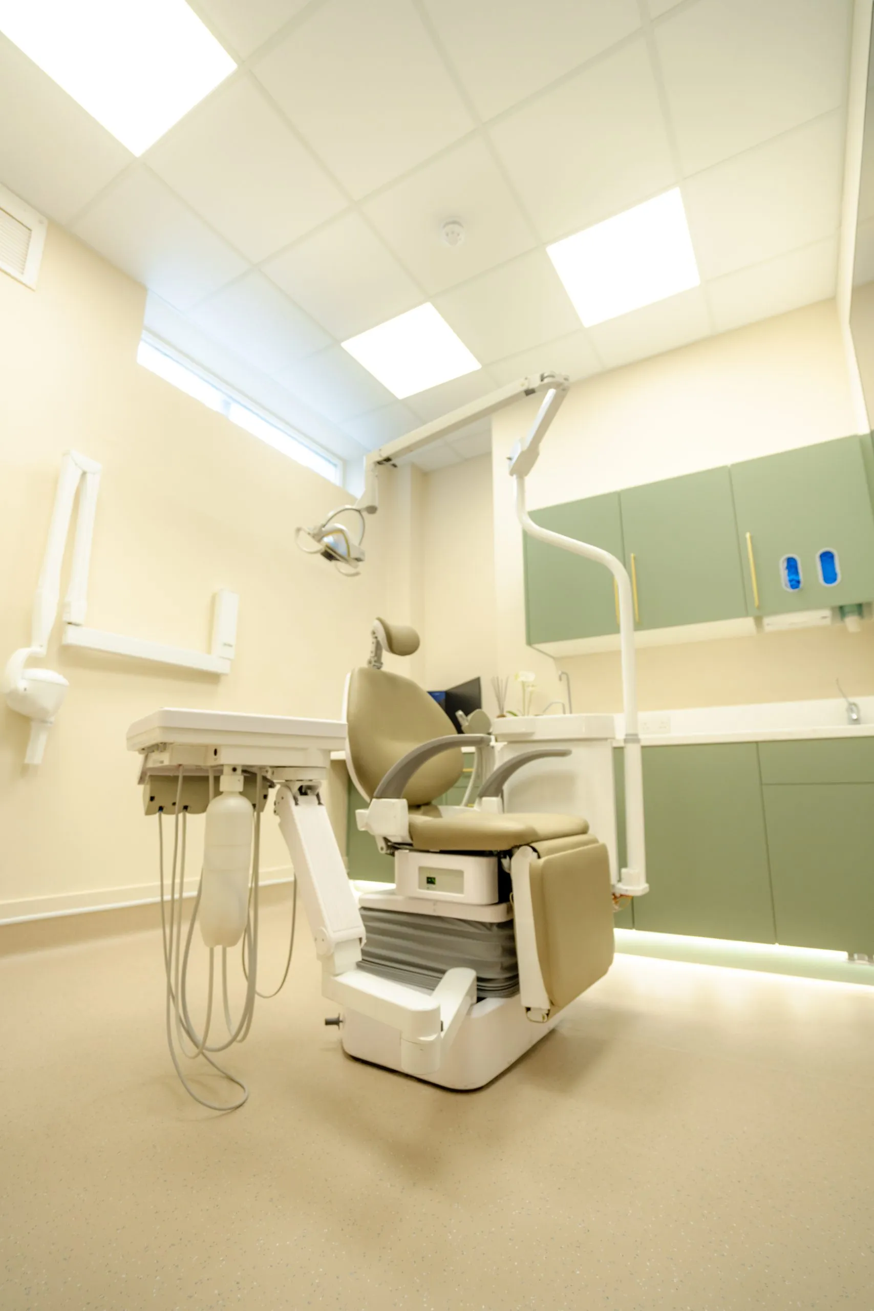 Newly completed dental surgery with sage-green cabinetry at Alma Dental, North Shields