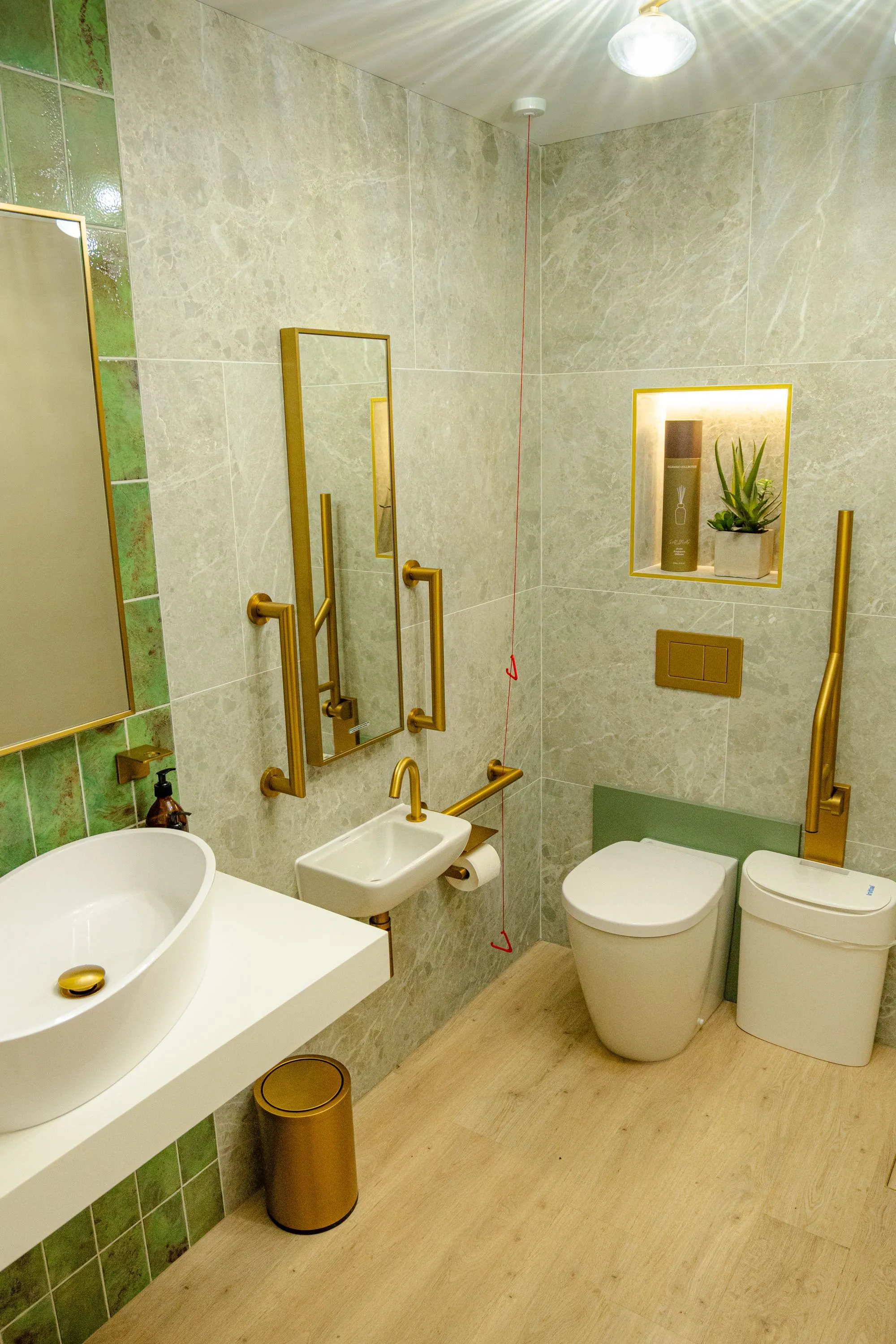 The completed accessible washroom with antique brass grab rails at Alma Dental
